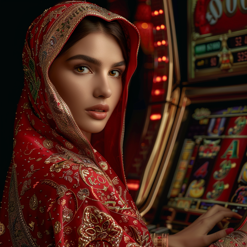 Arabic woman standing red slot machine