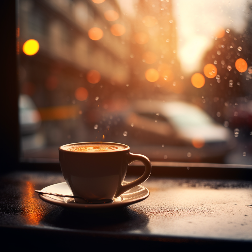 Hot coffee cup in warm-lit cafe