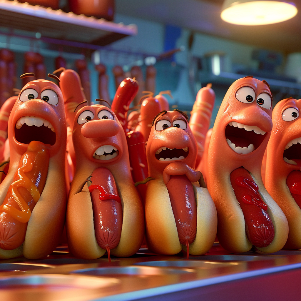 Vibrant hot dogs celebrating together