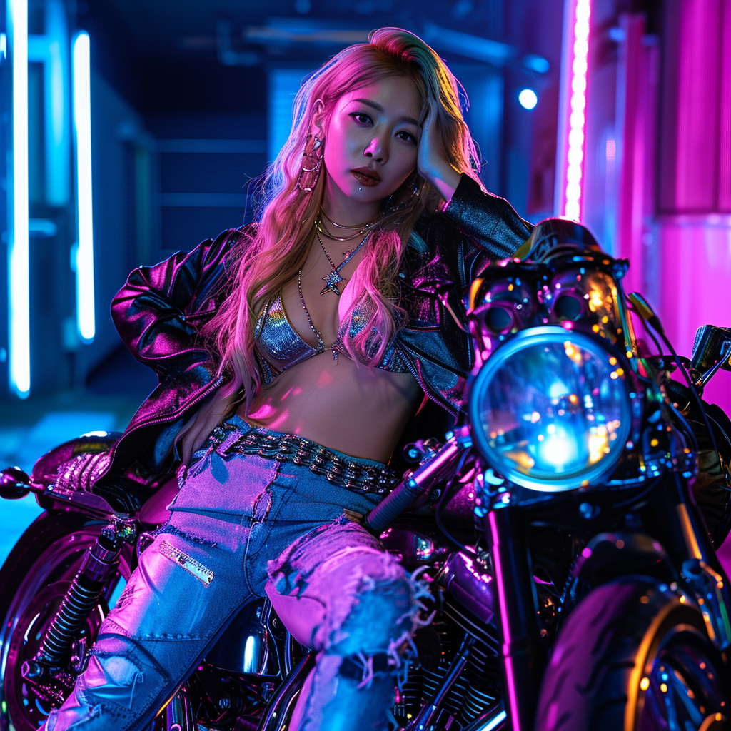 Hot female Japanese rock star on custom motorcycle