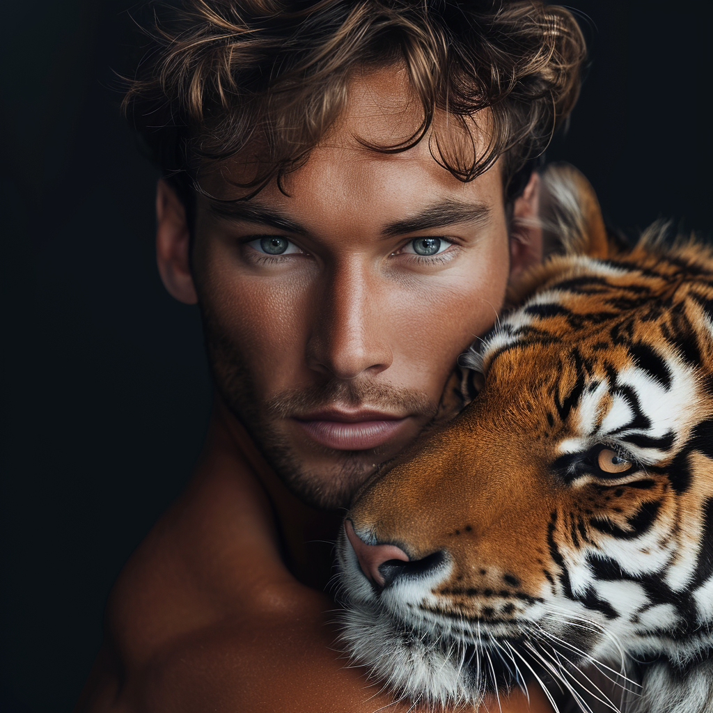 Hot Male Model with Vibrant Tiger