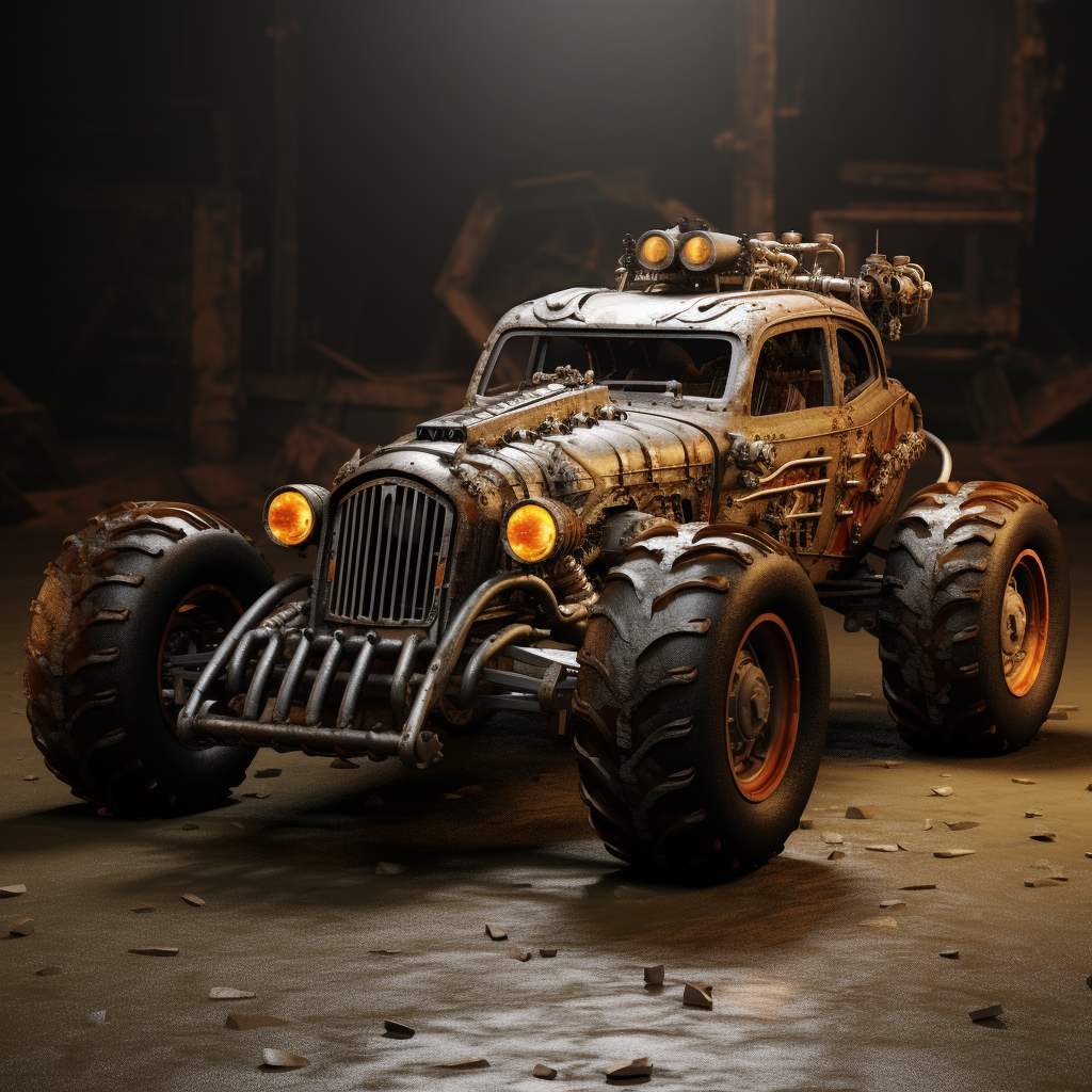 Hot rod car in post-apocalyptic setting