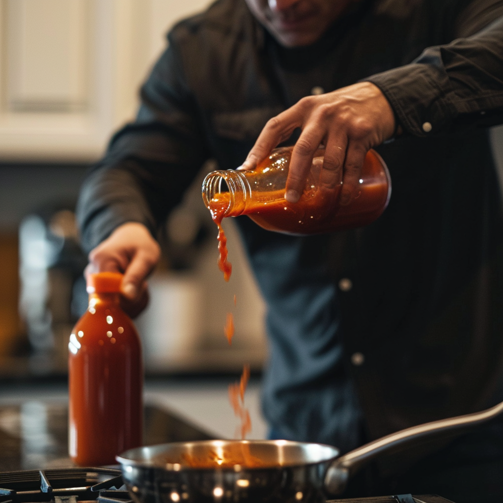 Man in kitchen with hot sauce pouring