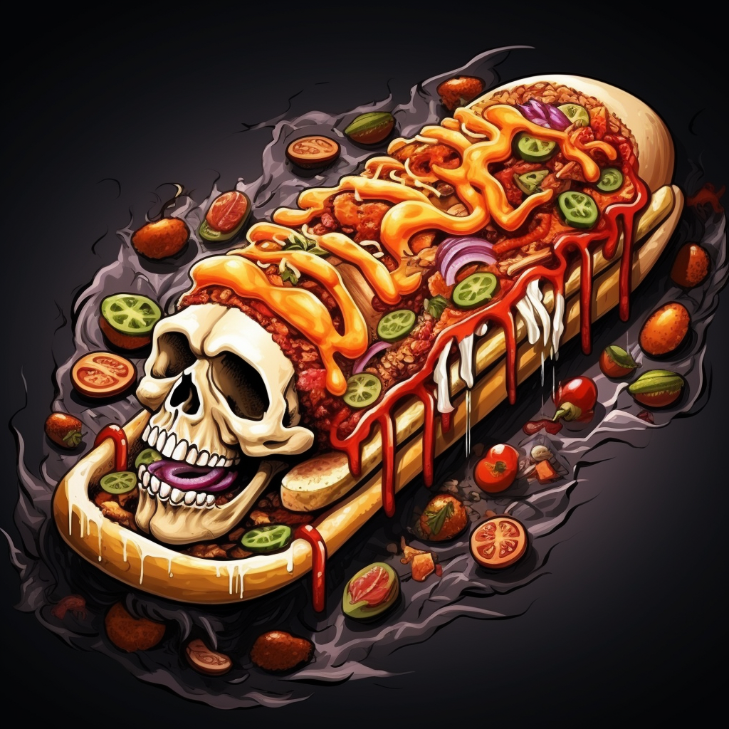 Cartoon hot dog with anatomy sauces