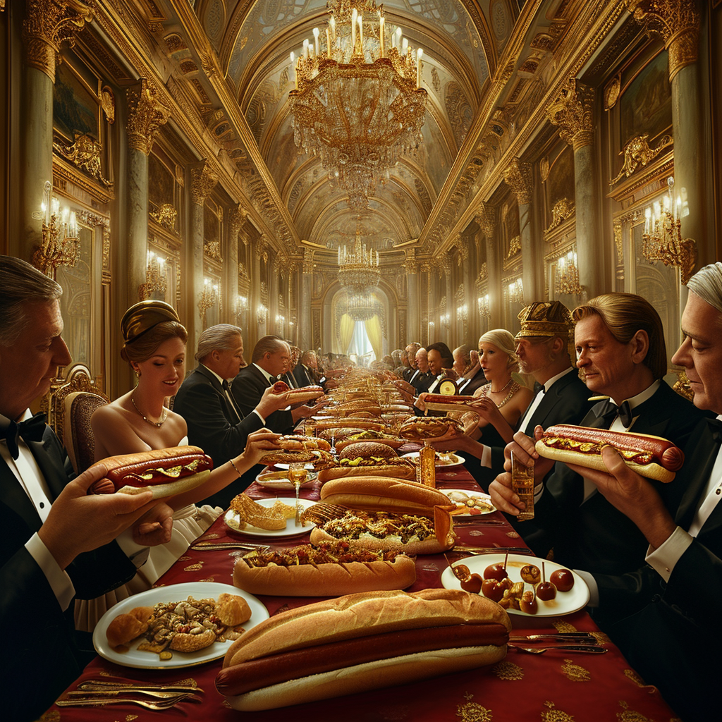 Heads of State Eating Hotdogs in European Palace