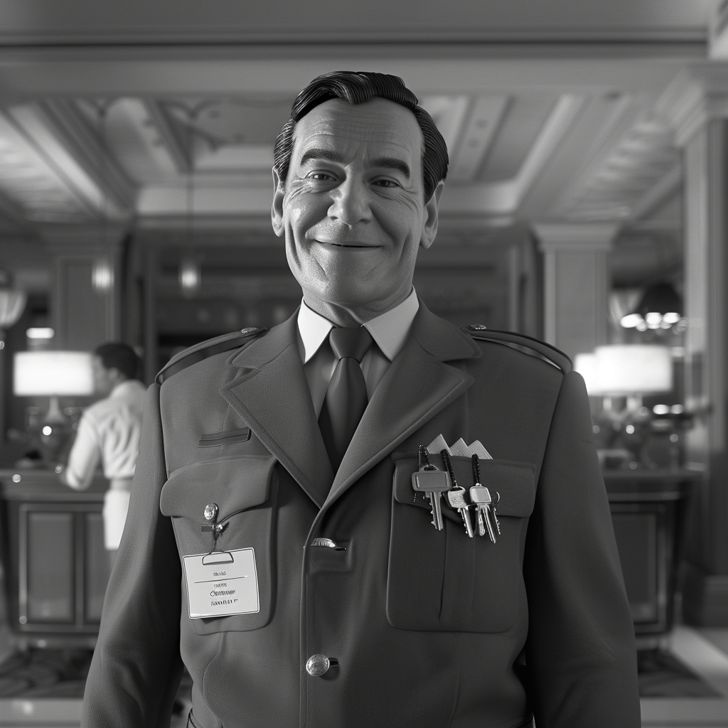 Smiling Concierge in 1980s Hotel Setting