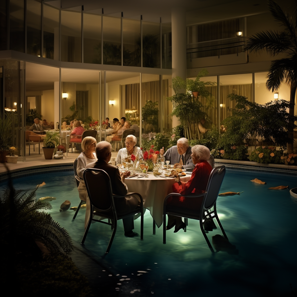 Scenic hotel poolside dinner in 80s style