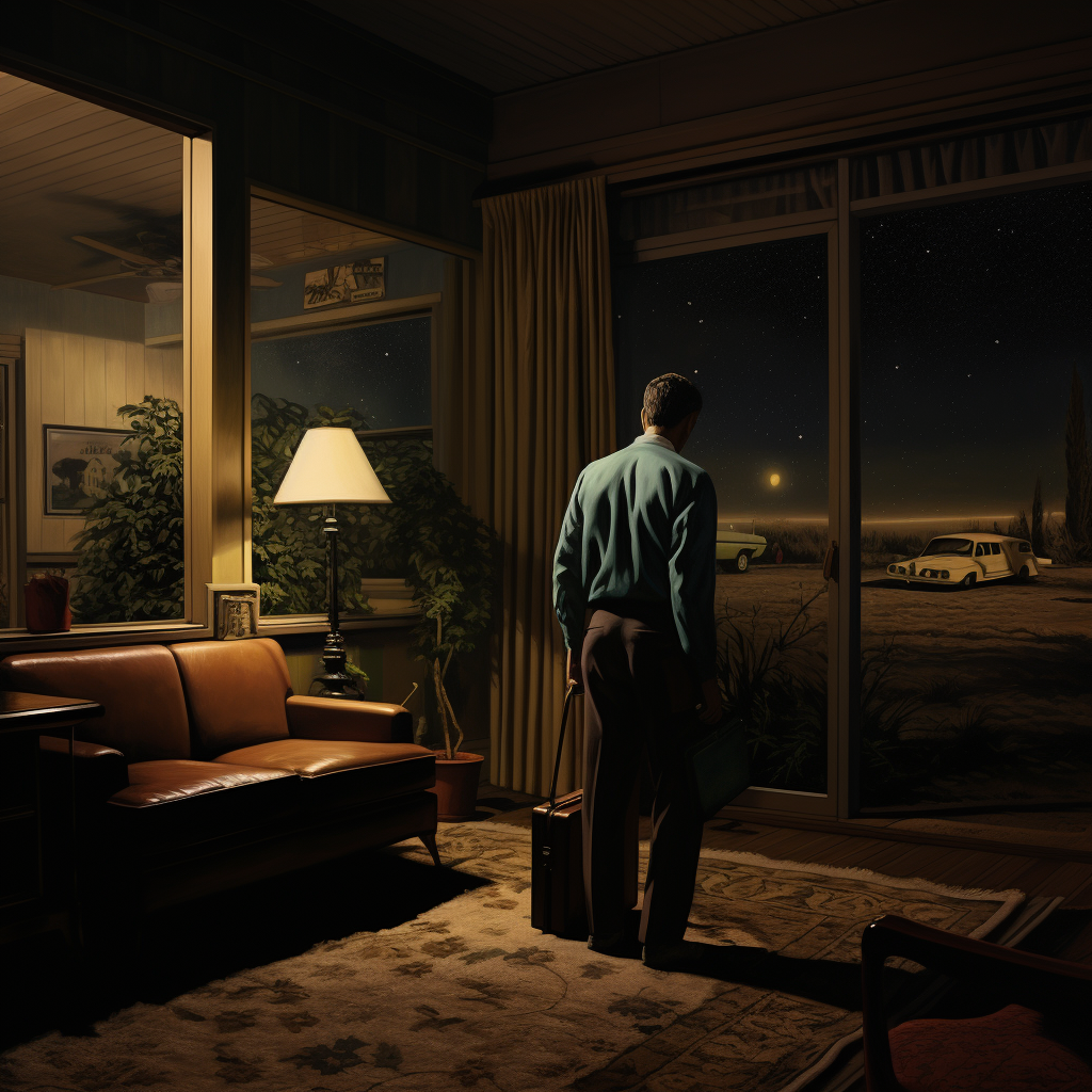 Man arriving at hotel room at midnight