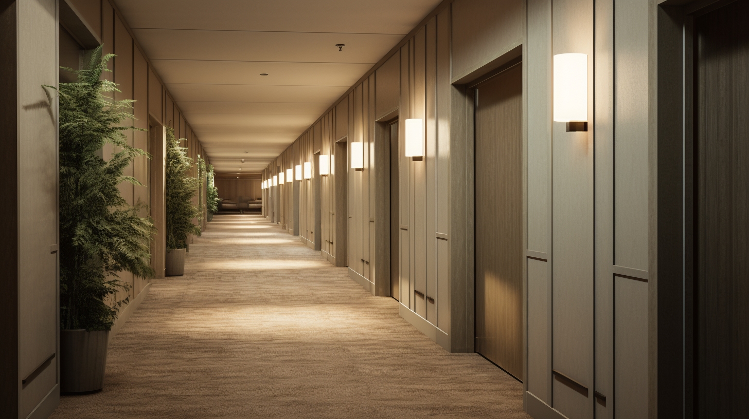 Minimal hotel room corridor with clean design