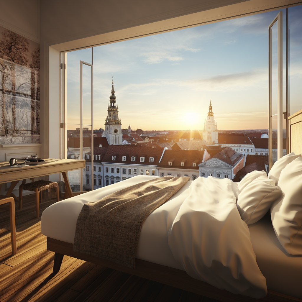 Beautiful hotel room with a view of an old European capital