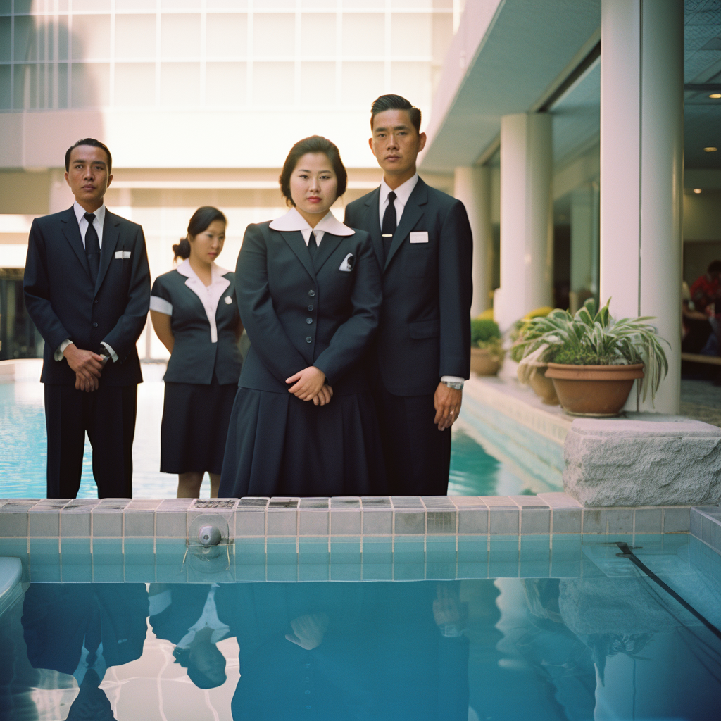 Hotel staff and mother by pool