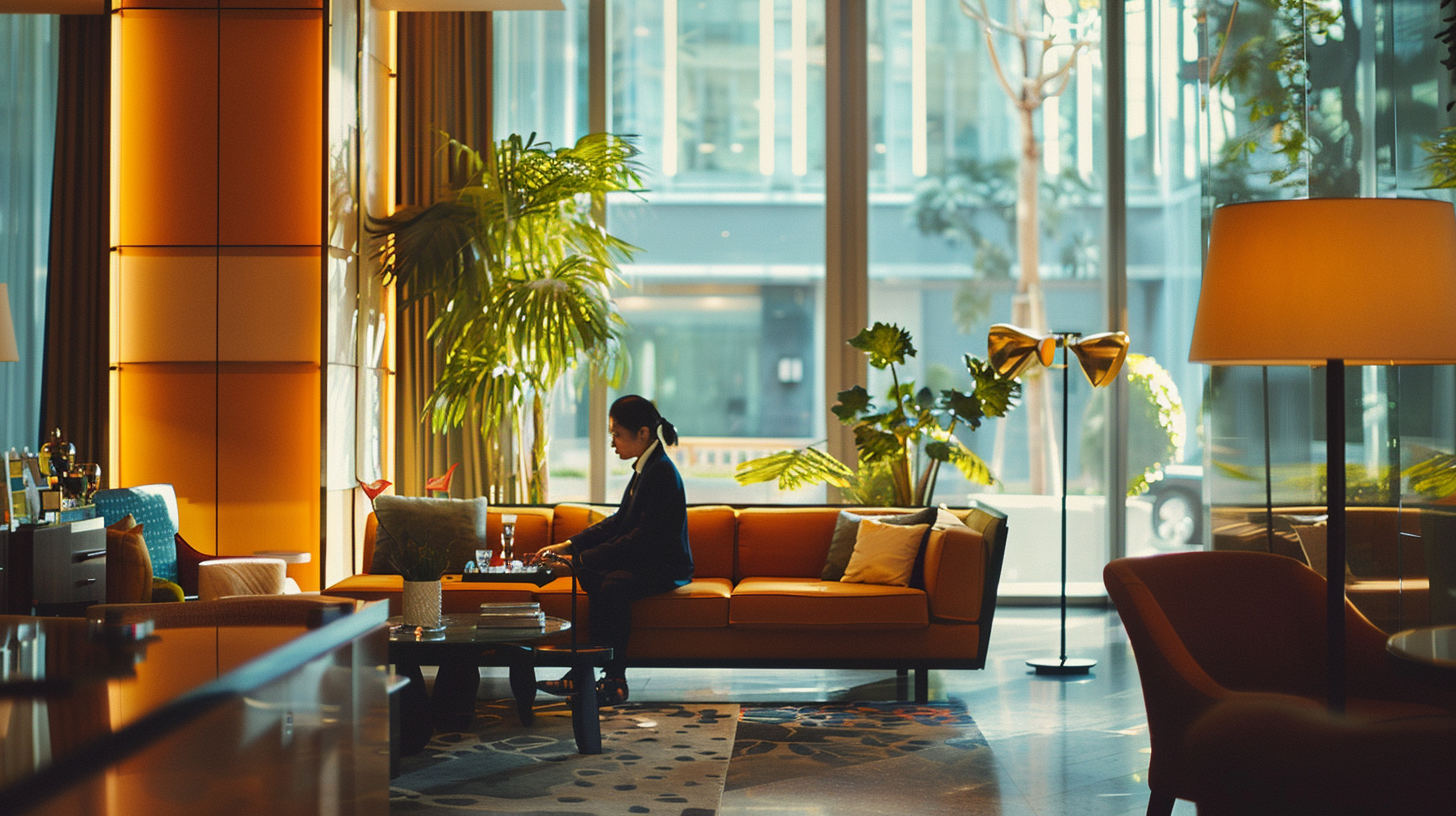 Hotel staff looking for object on couch