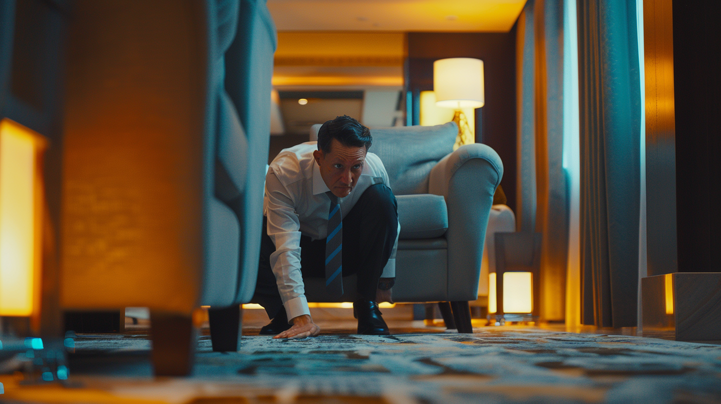 Hotel staff looking under sofa