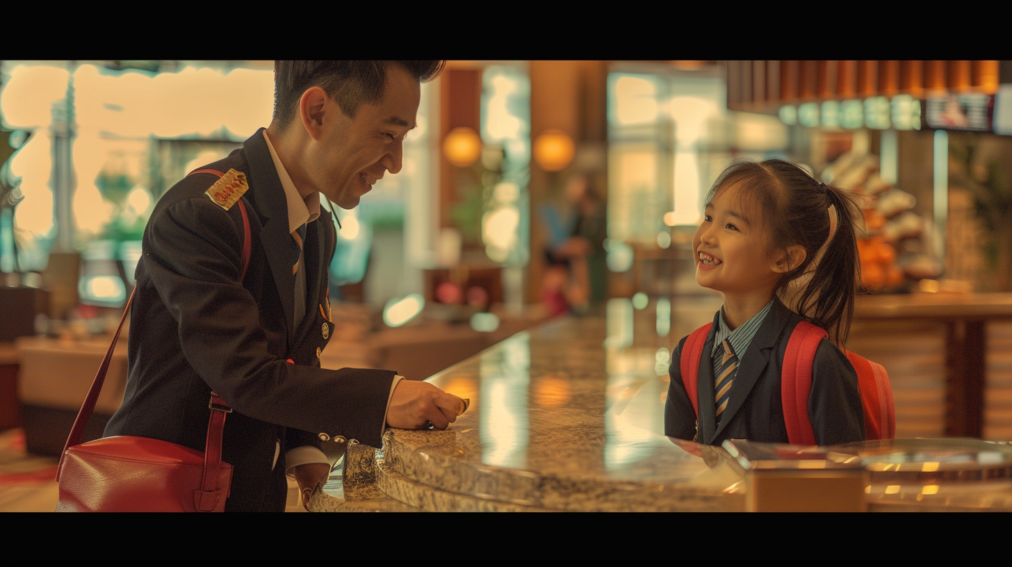 Hotel staff winking at kid