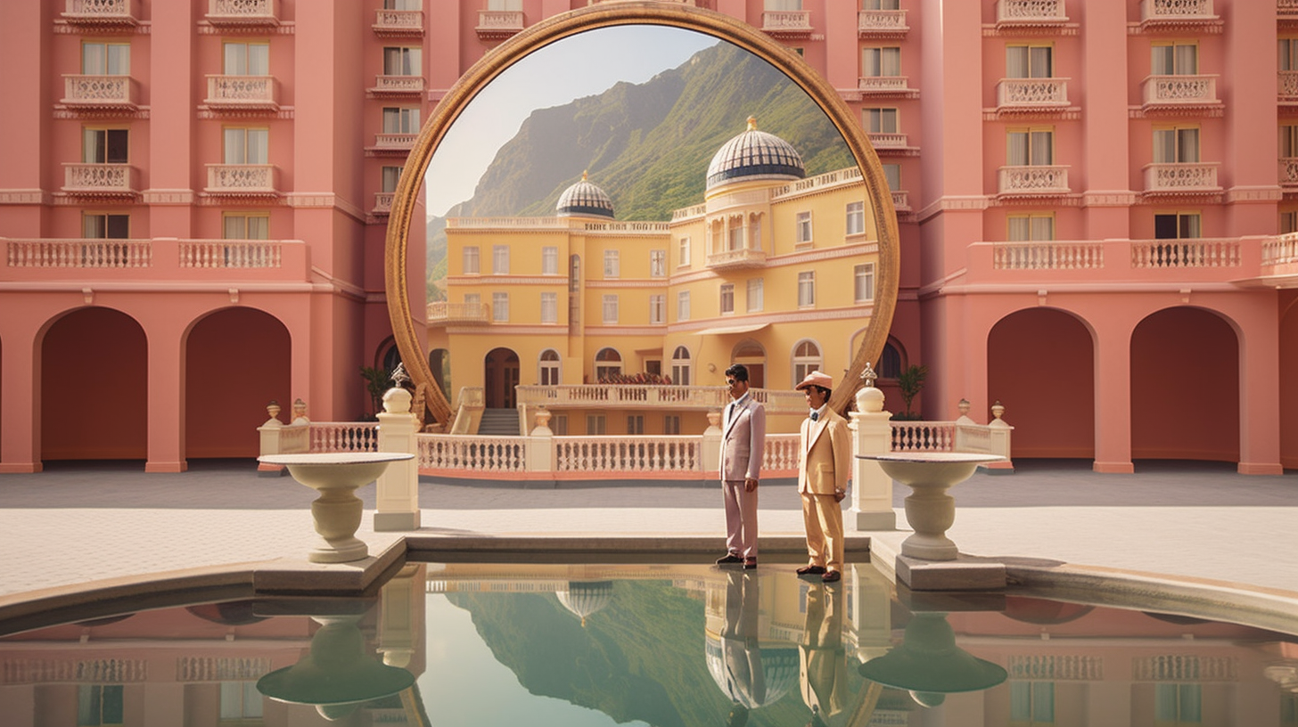 Two hotel staff personnel holding a giant mirror