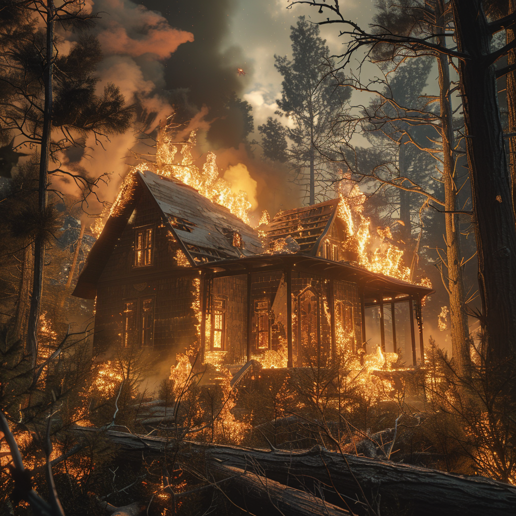 house on fire in forest