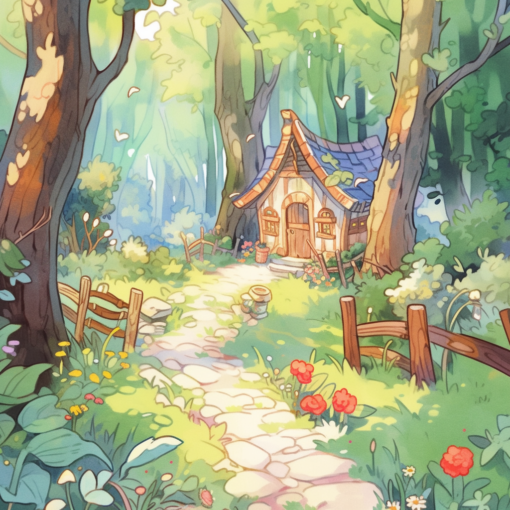 Adorable chibi characters exploring a whimsical house-forest path