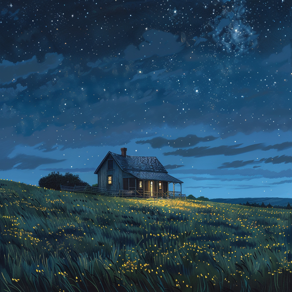 House on Grassy Hill at Night