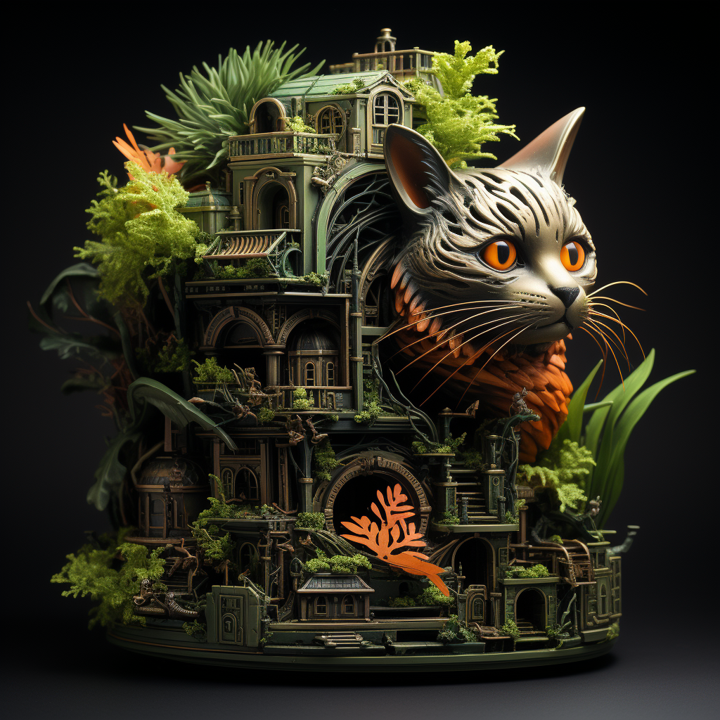 Intricate cat-shaped house with goldfish and plants