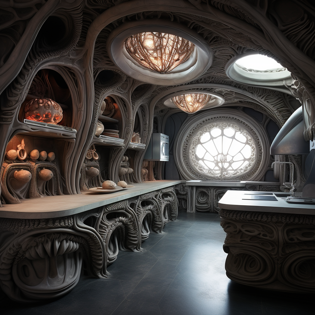 Kitchen with HR Giger-inspired design