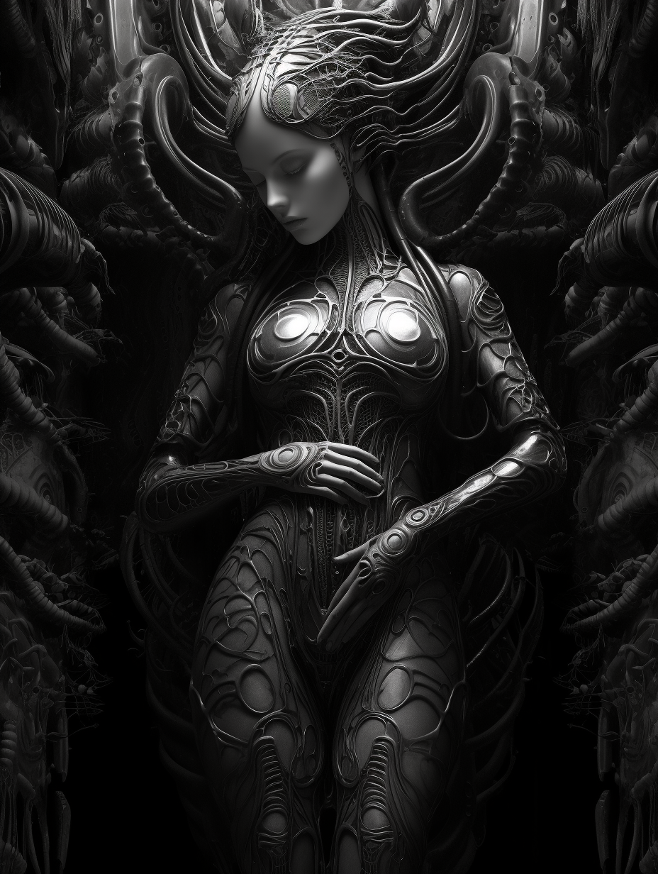 Stunning woman in HR Giger-inspired artwork