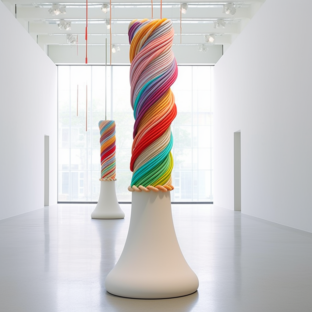 A beautiful white room with a vibrant braided cable surrounding a column