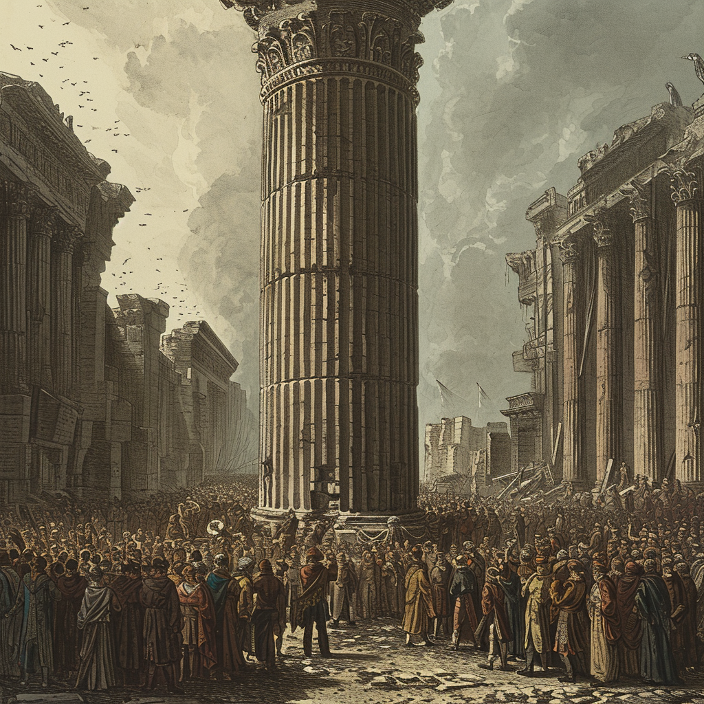 Crowds in awe of massive pillar