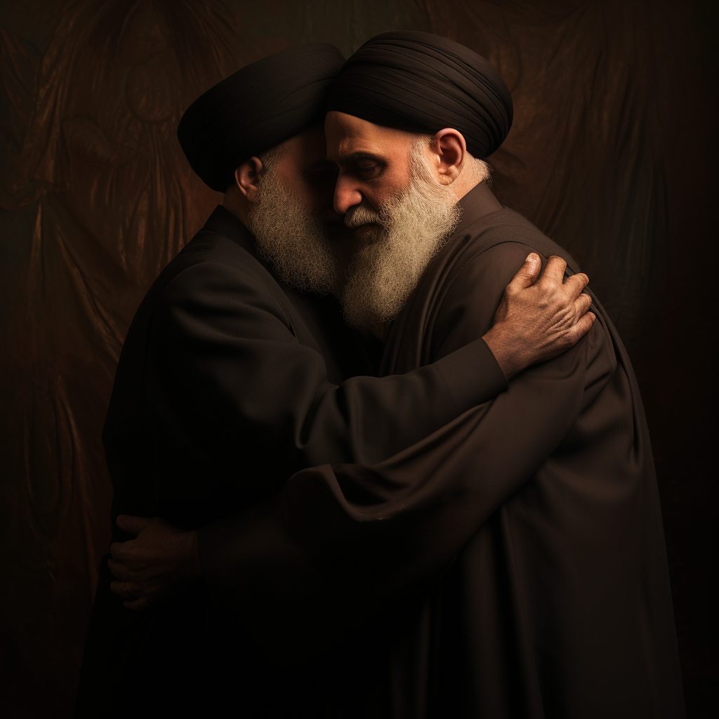 Imam Khomeini and Shah of Iran sharing an embrace