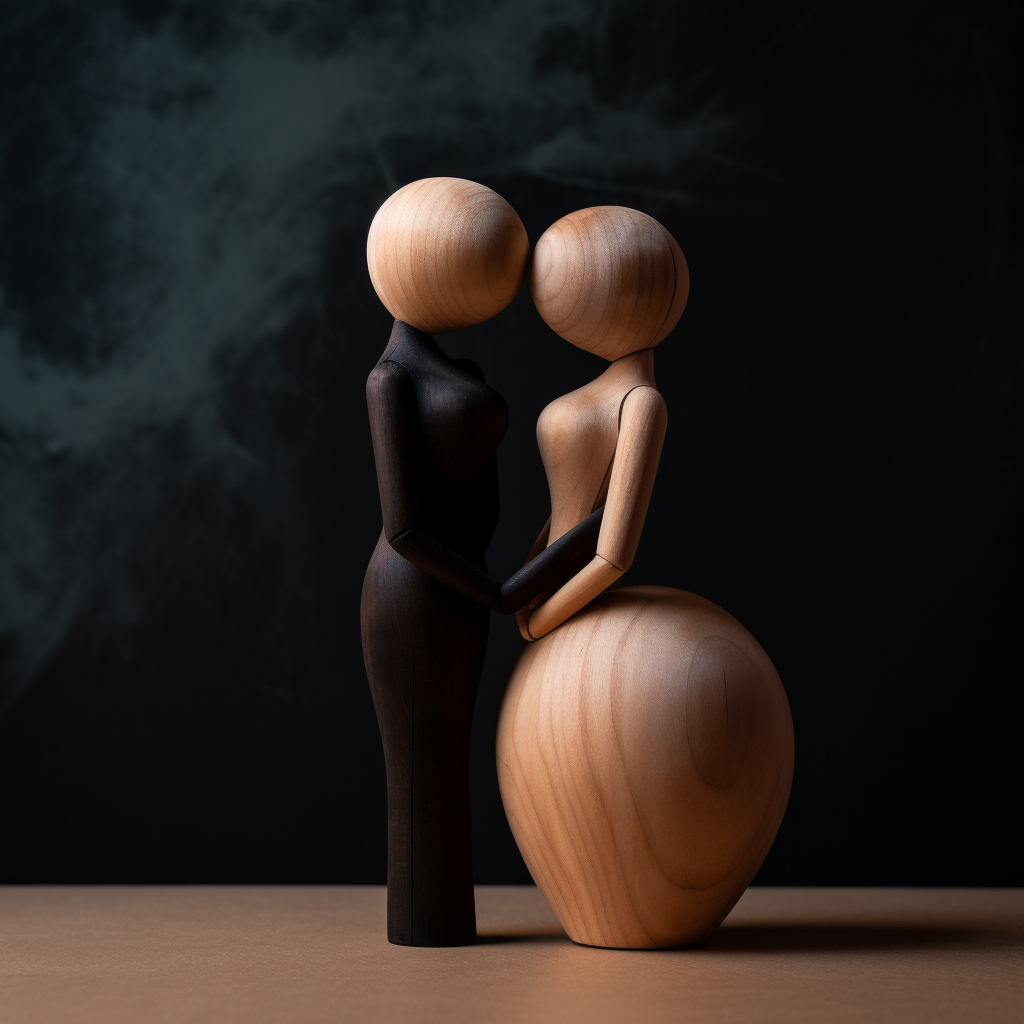 Two wooden figurines embracing each other