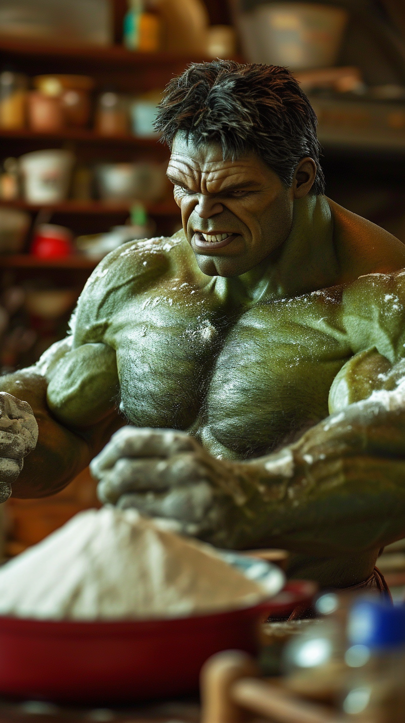 Hulk baking bread with concentration