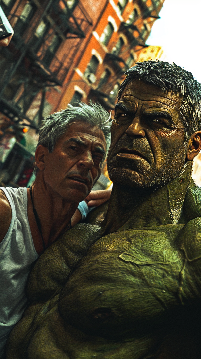 Hulk and George Clooney in New York taking a hyperealistic selfie