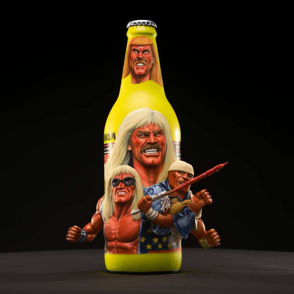 Hulk Hogan, Dennis Rodman, Randy Savage on beer bottle