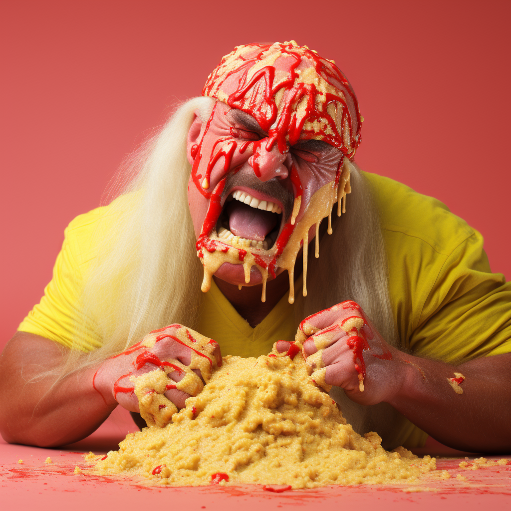 Hulk Hogan sweating while devouring a yam