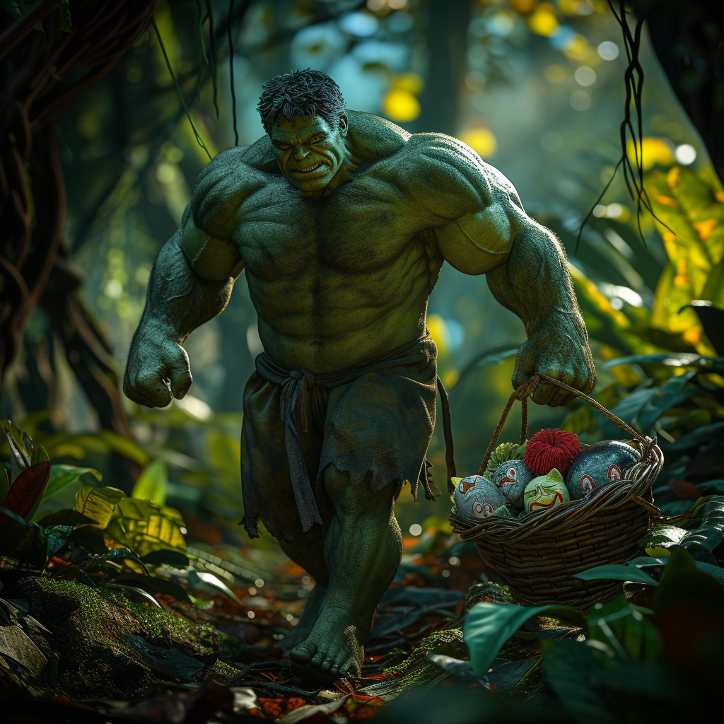 Hulk in Rainforest with Clown Heads