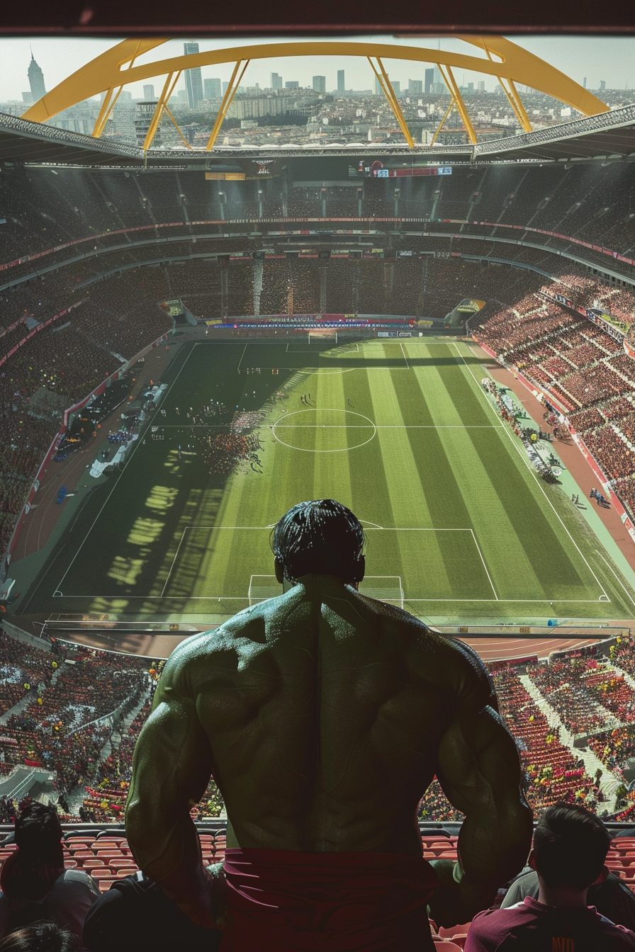 Hulk overlooking football stadium match