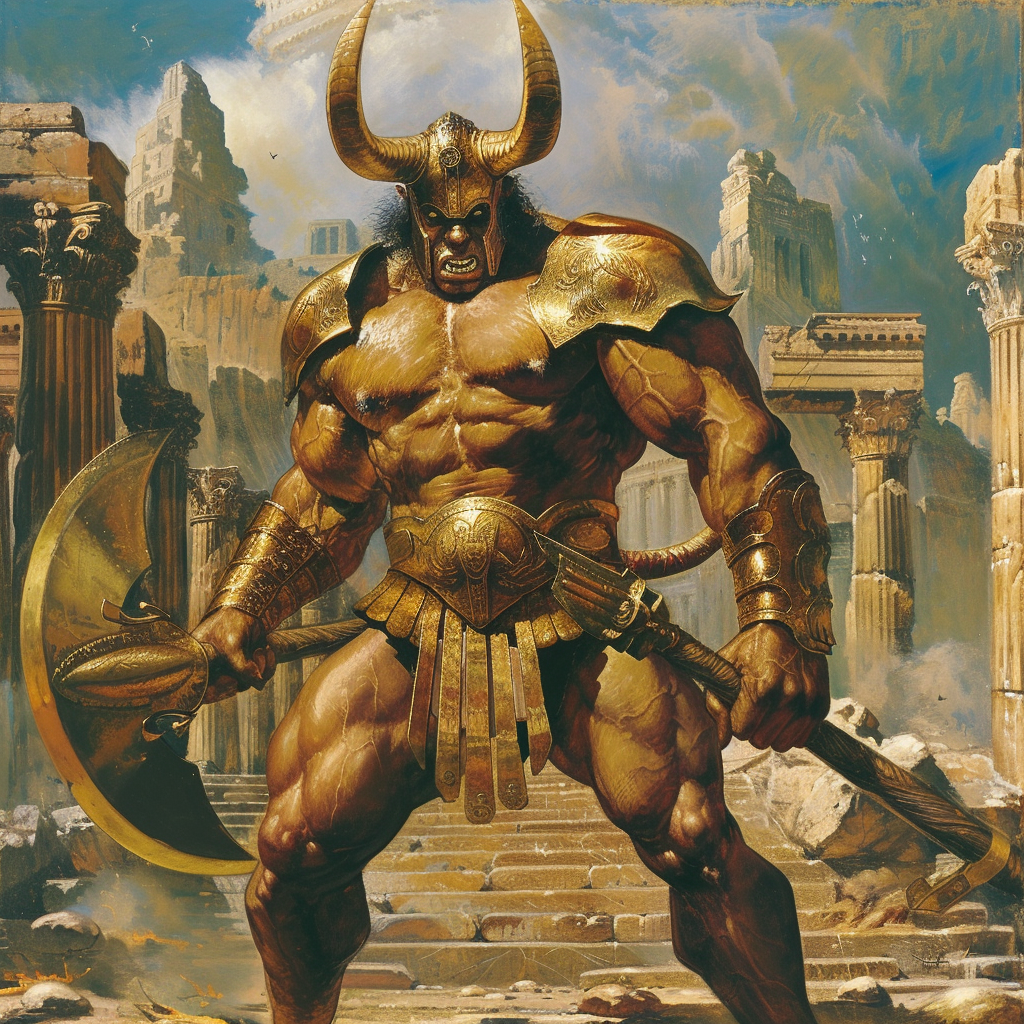 Minotaur in Ancient Greek Ruins with Great Axe