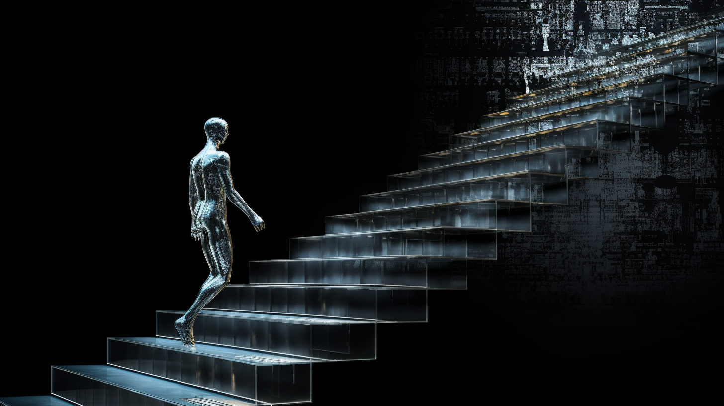 Human AI walking up staircase on black background