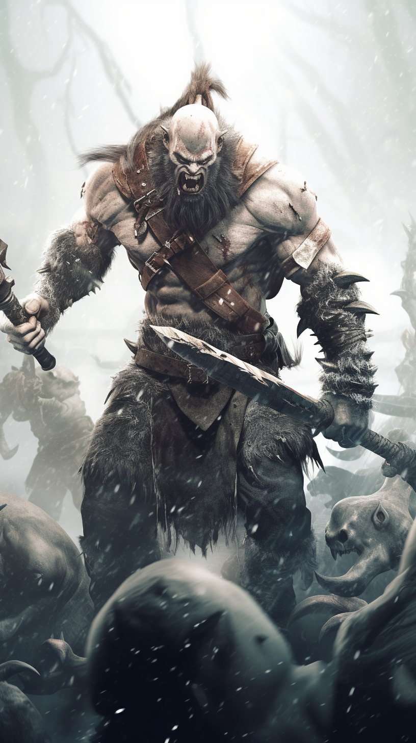 Fierce human barbarian warrior fighting orcs