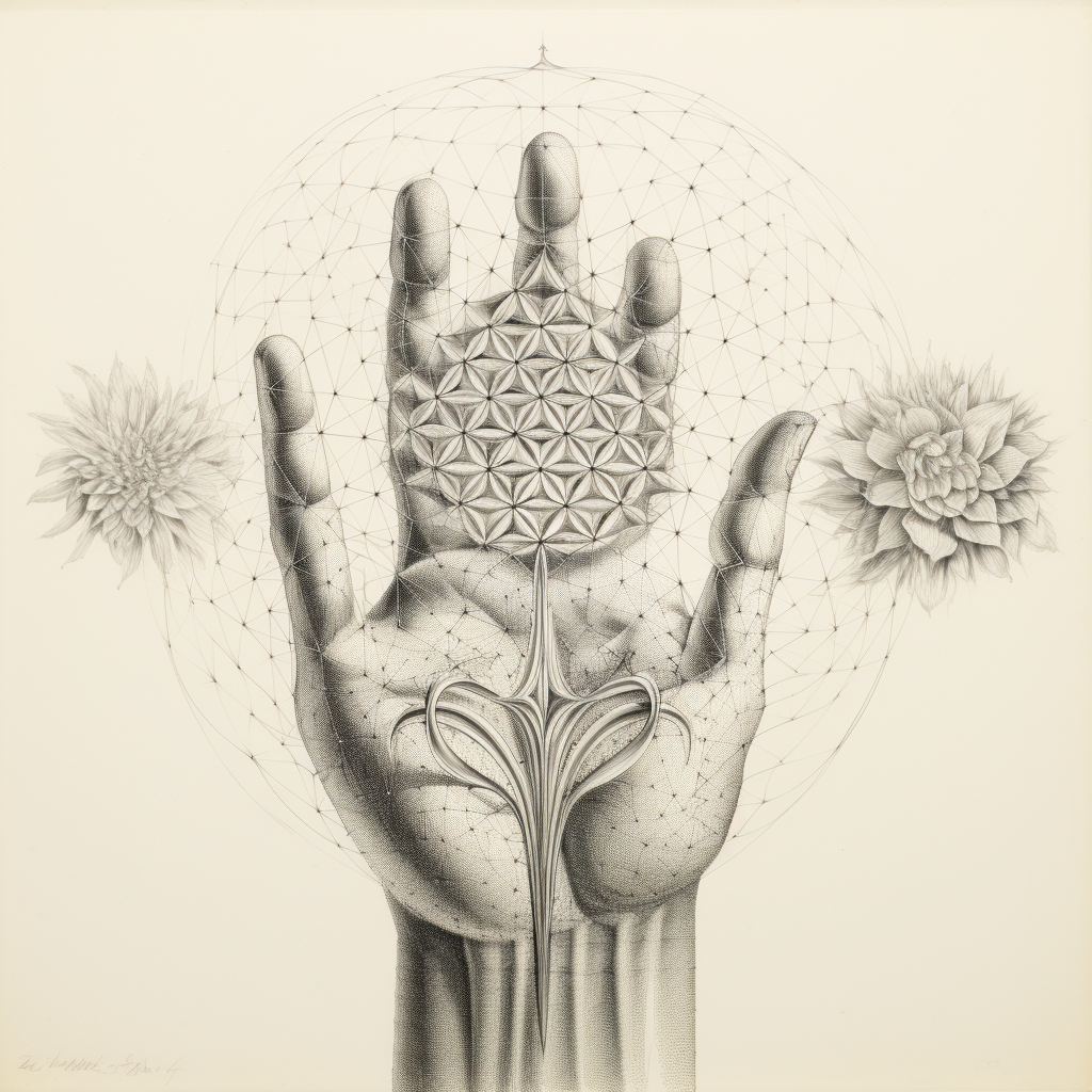 Sketch of Human Hand with Flower of Life