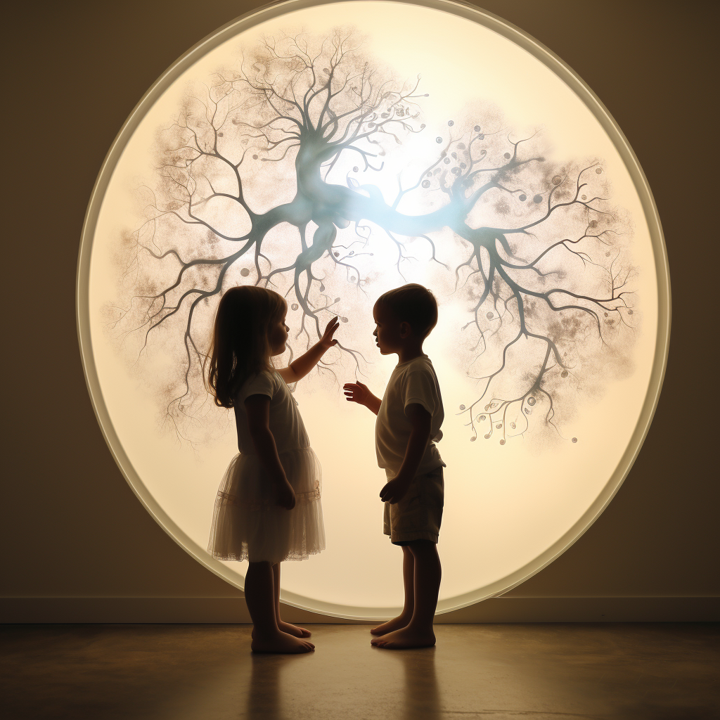 Silhouettes of little boy and girl reaching for human kidney