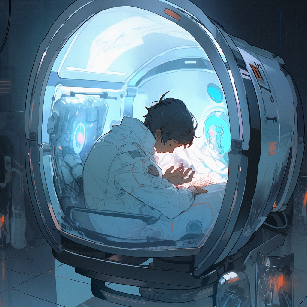 Human inside life support pod