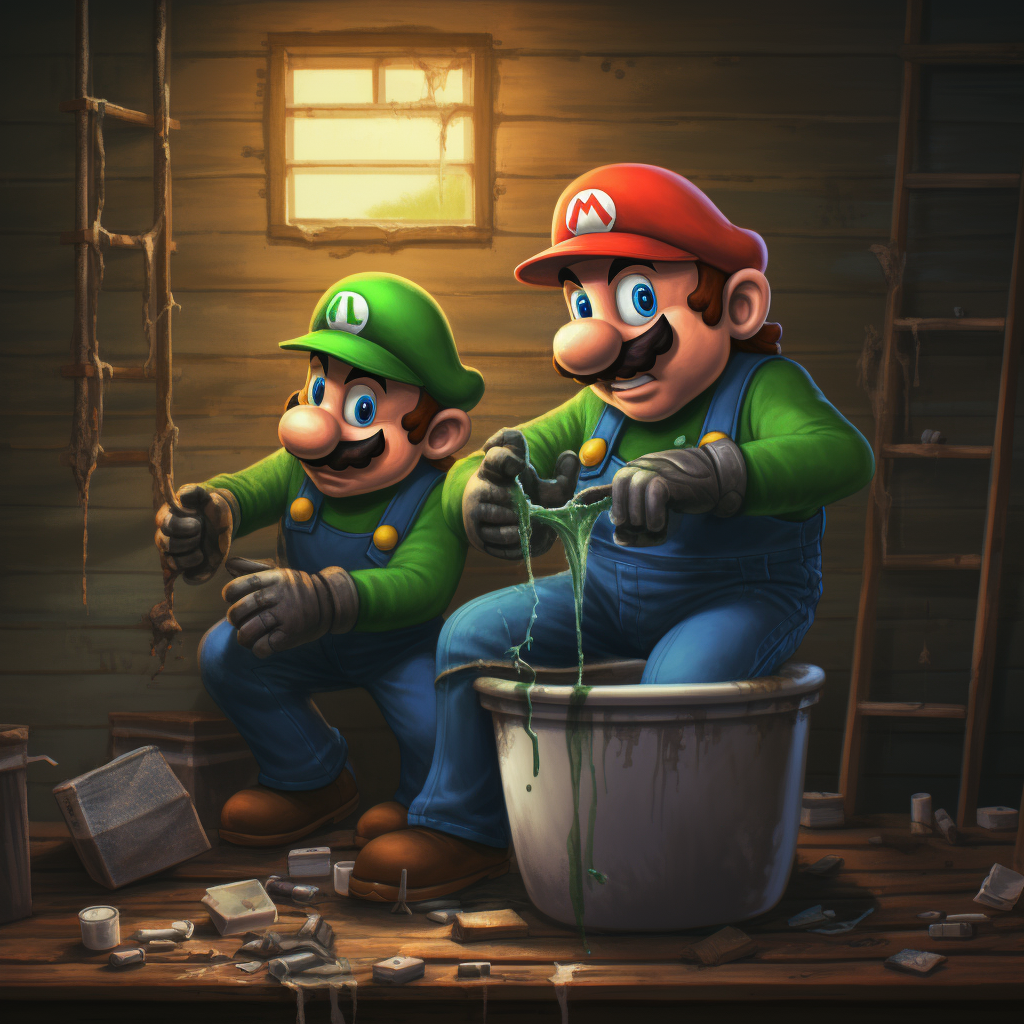 Mario Luigi fixing leaking toilet