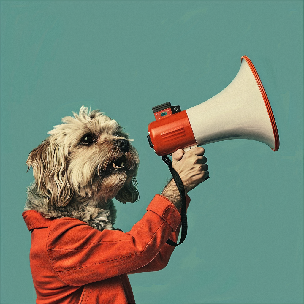 Human holding megaphone for dog