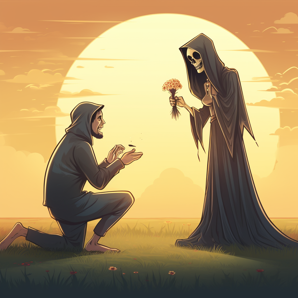 Cartoon image of human proposing to the grim reaper