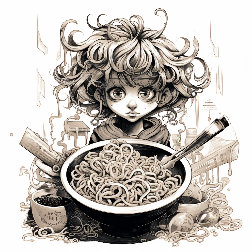 Cute human eating ramen illustration