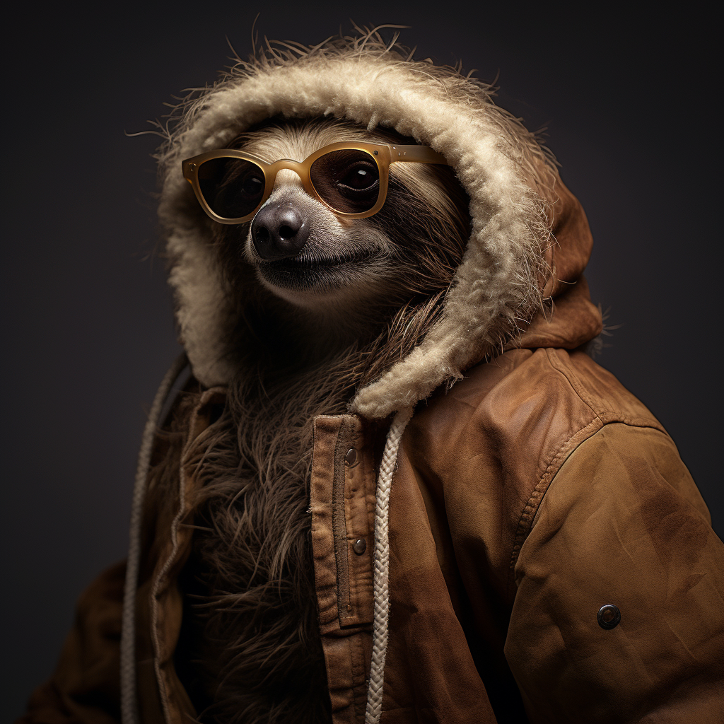 Human sloth hybrid wearing trendy clothes