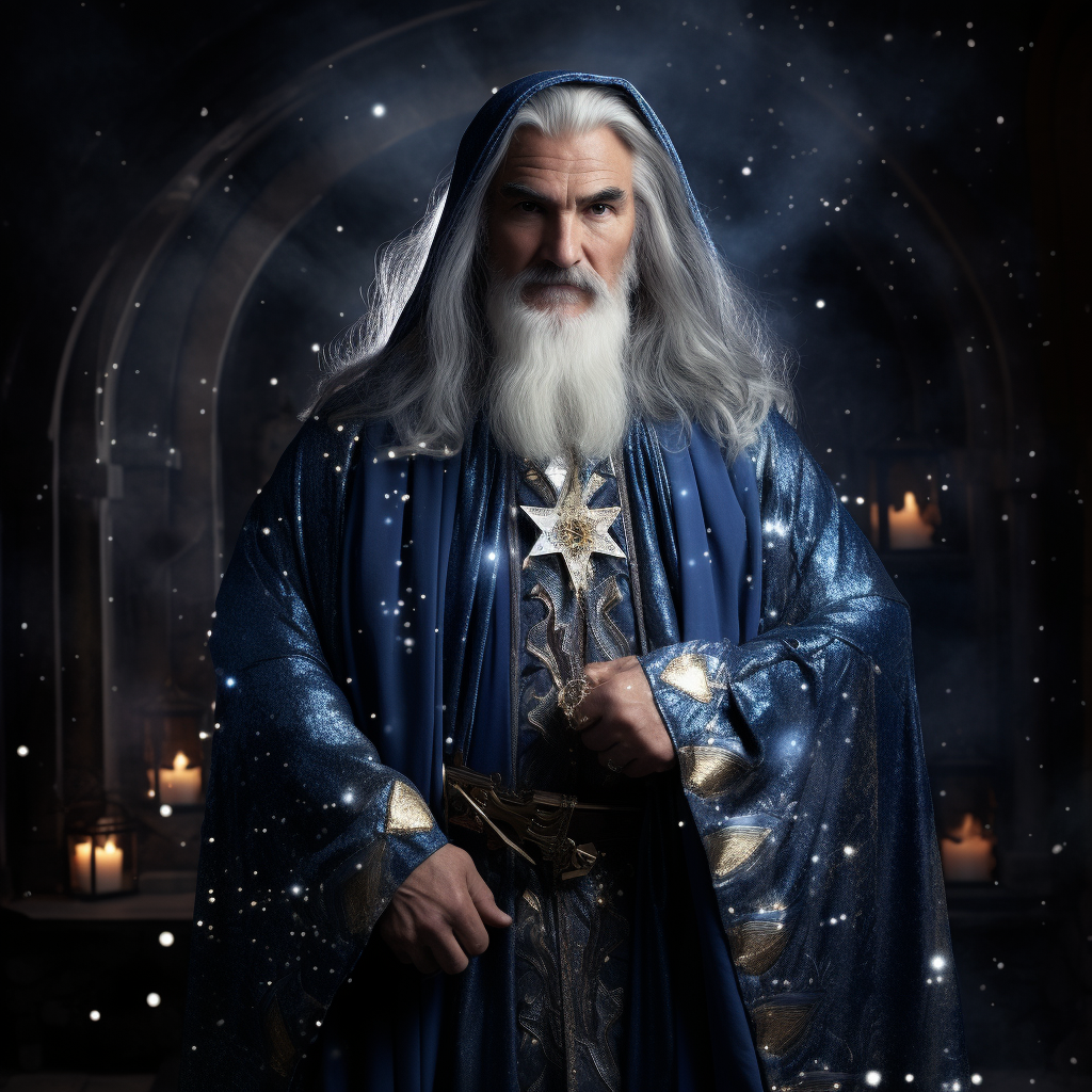 Human Wizard in Blue Robe with Silver Stars and Moons