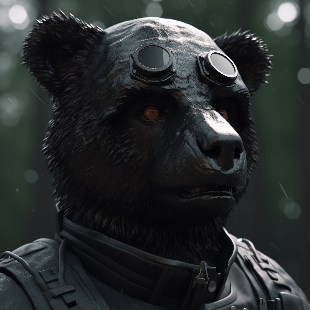 Close-up of hyperrealistic human bear agent gear