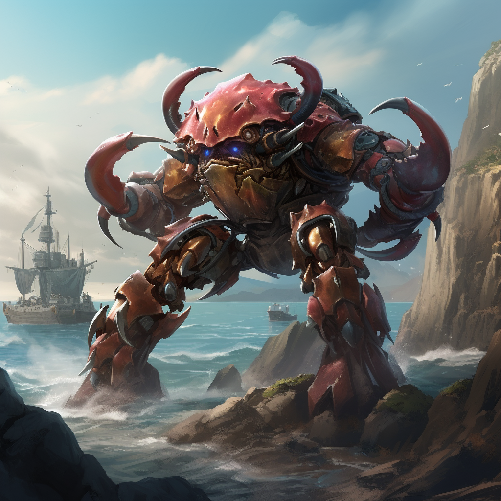 Human crab pirate on rocky islands fantasy illustration