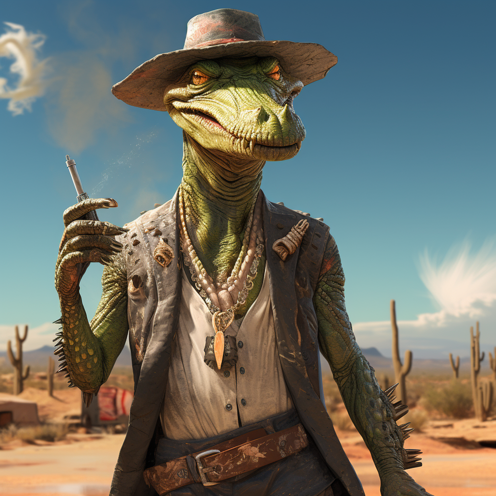 Green-skinned alligator hillbilly man with knife and cigar